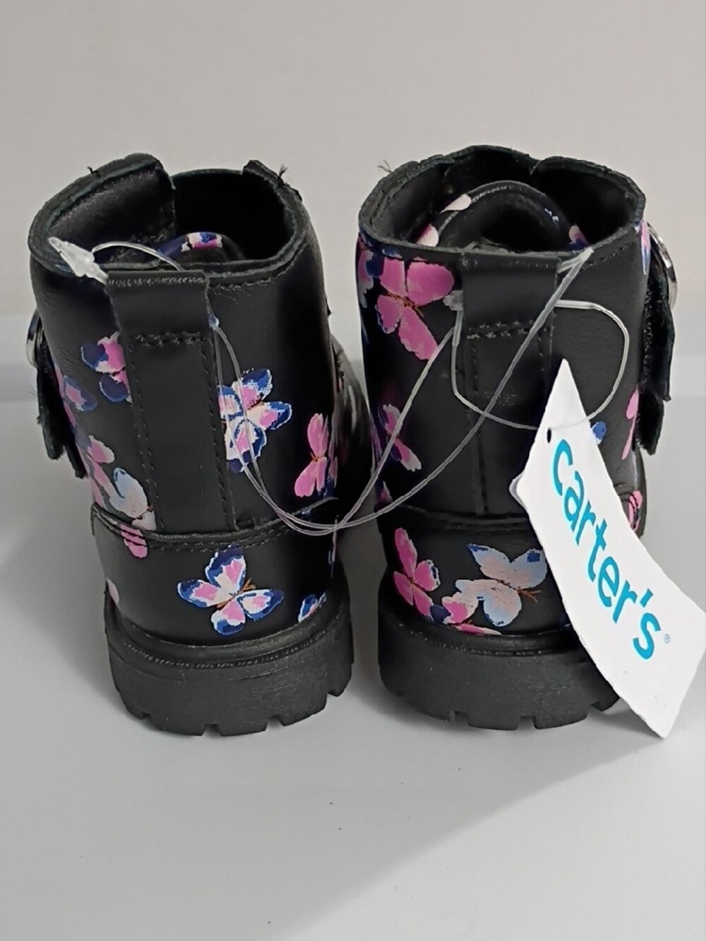 CARTER'S Black Ankle Boots with Heart-Buckles and Pink & Blue Butterflies SIZE 7 - Picture 3 of 8